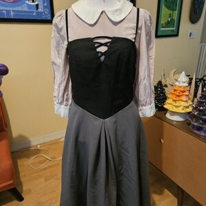 Elegant Black and Gray Dress with White Collar